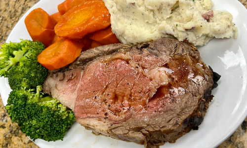 Prime Rib with broccoli mashed potatoes and carrots from Carriage Towne Restaurant in Kingston, New Hampshire.
