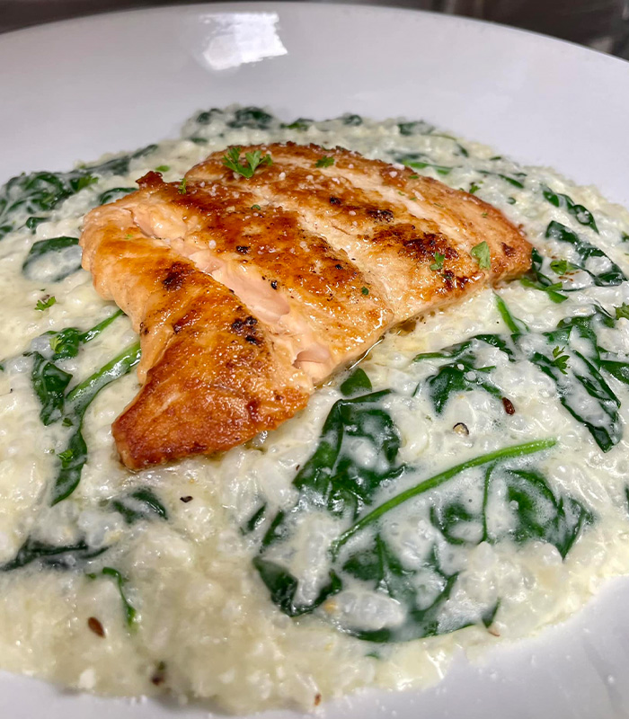 Salmon Rissoto from Carriage Towne, the best dinner destination in Kingston, New Hampshire.